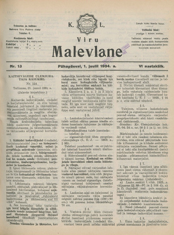 K. L. Viru Malevlane ; 13 1934-07-01