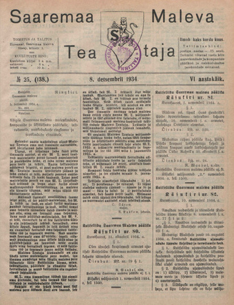 Saaremaa Maleva Teataja ; 25 (138) 1934-12-08