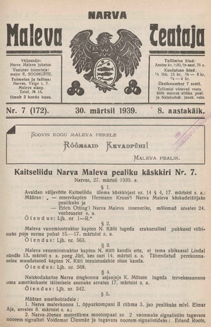 Narva Maleva Teataja ; 7 (172) 1939-03-30