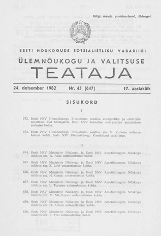 Eesti Nõukogude Sotsialistliku Vabariigi Ülemnõukogu ja Valitsuse Teataja ; 45 (647) 1982-12-24