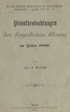 Privatbeobachtungen der Regenstation Alswig im Jahre 1886