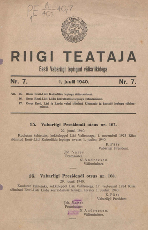 Riigi Teataja. Eesti Vabariigi lepingud välisriikidega ; 7 1940-07-01