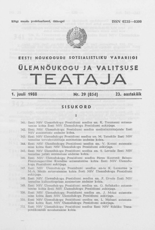 Eesti Nõukogude Sotsialistliku Vabariigi Ülemnõukogu ja Valitsuse Teataja ; 29 (854) 1988-07-01
