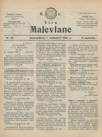 K. L. Viru Malevlane ; 20 1930-09-01