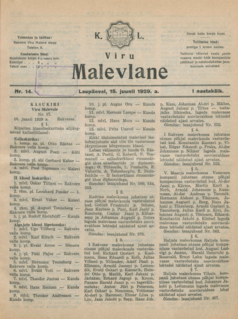 K. L. Viru Malevlane ; 14 1929-06-15