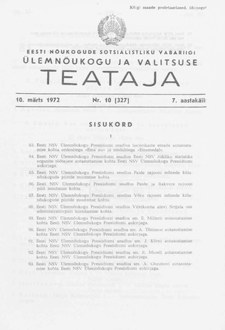 Eesti Nõukogude Sotsialistliku Vabariigi Ülemnõukogu ja Valitsuse Teataja ; 10 (327) 1972-03-10
