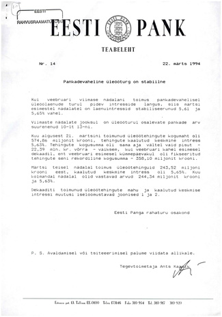 Eesti Pank : teabeleht ; 14 1994-03-22