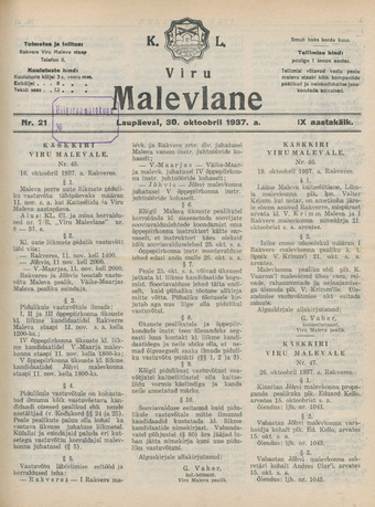 K. L. Viru Malevlane ; 21 1937-10-30