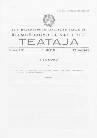 Eesti Nõukogude Sotsialistliku Vabariigi Ülemnõukogu ja Valitsuse Teataja ; 20 (592) 1977-05-16