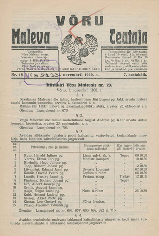 Võru Maleva Teataja ; 18 (151) 1939-11-01