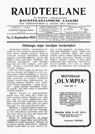 Raudteelane : raudteeasjanduse ajakiri ; 3 1922-09