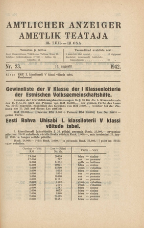 Ametlik Teataja. III osa = Amtlicher Anzeiger. III Teil ; 23 1942-08-10