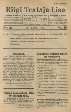 Riigi Teataja Lisa : seaduste alustel avaldatud teadaanded ; 26 1937-03-25