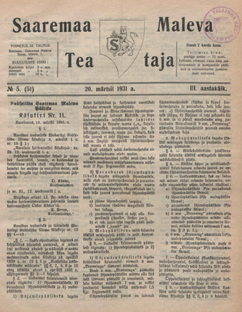 Saaremaa Maleva Teataja ; 5 (51) 1931-03-20