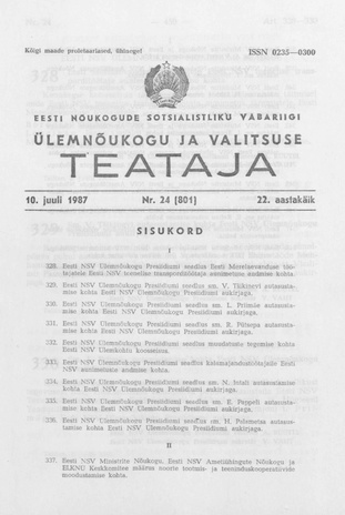 Eesti Nõukogude Sotsialistliku Vabariigi Ülemnõukogu ja Valitsuse Teataja ; 24 (801) 1987-07-10