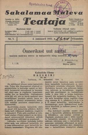 Sakalamaa Maleva Teataja ; 1 1935-01-04