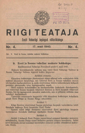 Riigi Teataja. Eesti Vabariigi lepingud välisriikidega ; 4 1940-05-17