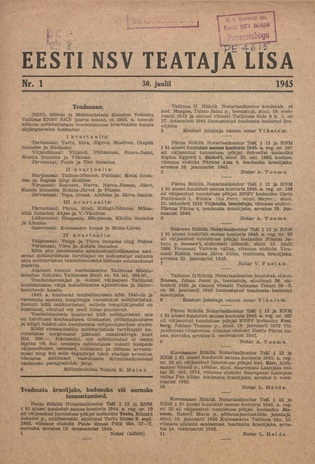 Eesti NSV Teataja lisa ; 1 1945-07-30