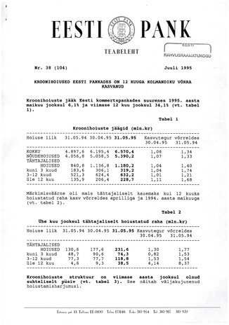Eesti Pank : teabeleht ; 38 (104) 1995-07
