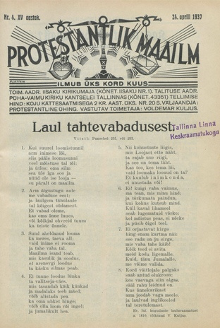 Protestantlik Maailm : Usu- ja kirikuküsimusi käsitlev vabameelne ajakiri ; 4 1937-04-24