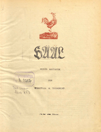 Hääl : kunsti, teaduse ja belletristika kuukiri ; sisukord 1938
