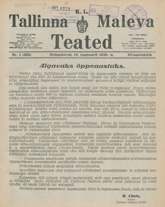 K. L. Tallinna Maleva Teated ; 1 (385) 1939-01-12