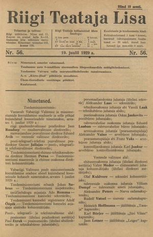Riigi Teataja Lisa : seaduste alustel avaldatud teadaanded ; 56 1929-07-19