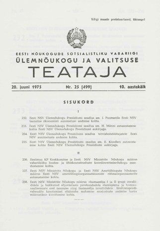 Eesti Nõukogude Sotsialistliku Vabariigi Ülemnõukogu ja Valitsuse Teataja ; 25 (499) 1975-06-20