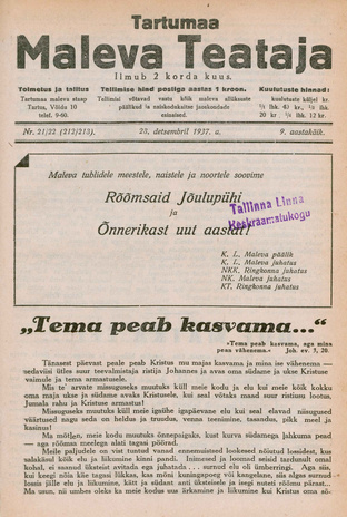 Tartumaa Maleva Teataja ; 21/22 (212/213) 1937-12-23