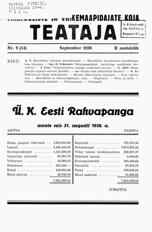 Maatööliste ja Väikemaapidajate Koja Teataja ; 9 (14) 1938-09