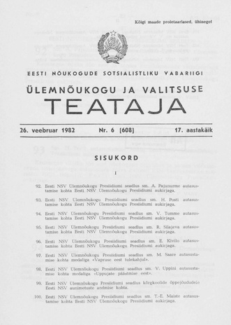 Eesti Nõukogude Sotsialistliku Vabariigi Ülemnõukogu ja Valitsuse Teataja ; 6 (608) 1982-02-26