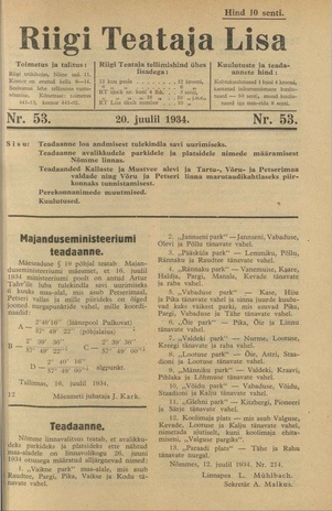Riigi Teataja Lisa : seaduste alustel avaldatud teadaanded ; 53 1934-07-20