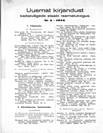 Uuemat Kirjandust Kaitsevägede Staabi raamatukogus ; 4 1934