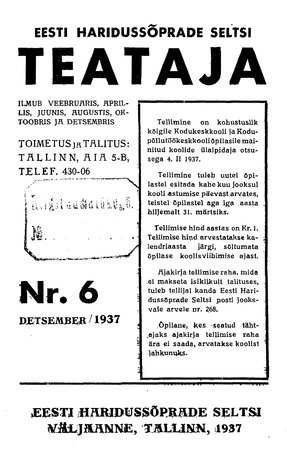 Eesti Haridussõprade Seltsi Teataja ; 6 1937-12
