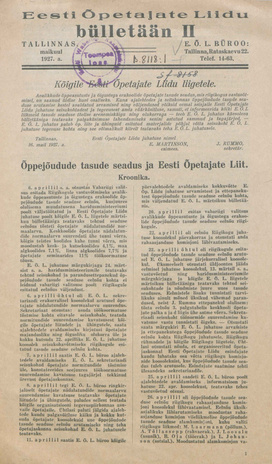 Eesti Õpetajate Liidu bülletään ; 2 1927-05