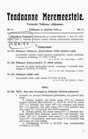 Teadaanne Meremeestele : Veeteede Talituse väljaanne ; 6 1940-03-06