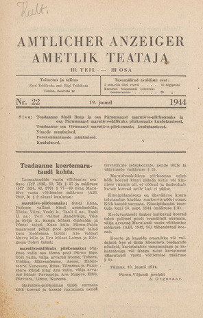 Ametlik Teataja. III osa = Amtlicher Anzeiger. III Teil ; 22 1944-06-19
