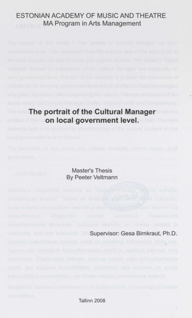 The portrait of the cultural manager on local government level : master's thesis