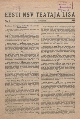 Eesti NSV Teataja lisa ; 1 1947-02-27