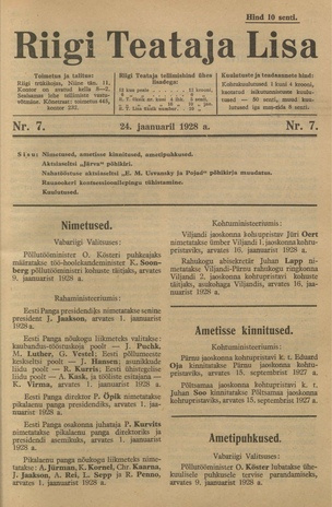 Riigi Teataja Lisa : seaduste alustel avaldatud teadaanded ; 7 1928-01-24
