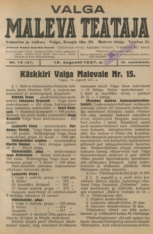 Valga Maleva Teataja ; 14 (187) 1937-08-18
