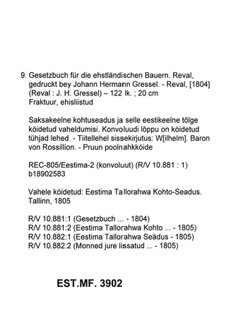 Gesetzbuch für die ehstländischen Bauern.   Reval, gedruckt bey Johann Hermann Gressel.