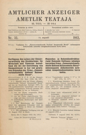 Ametlik Teataja. III osa = Amtlicher Anzeiger. III Teil ; 32 1943-08-14