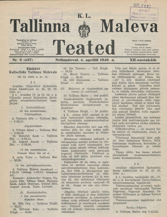 K. L. Tallinna Maleva Teated ; 9 (427) 1940-04-04
