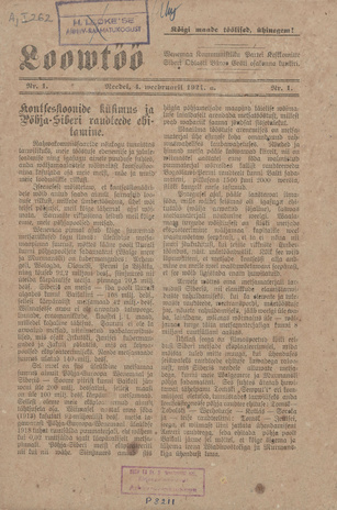 Loovtöö : Venemaa Kommunistliku Partei Keskkomitee Siberi Oblasti Büroo Eesti osakonna kuukiri ; 1 1921-02-04