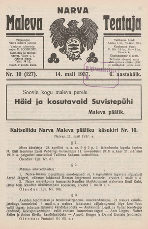 Narva Maleva Teataja ; 10 (127) 1937-05-14