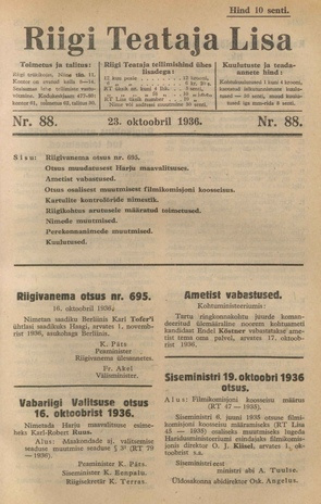 Riigi Teataja Lisa : seaduste alustel avaldatud teadaanded ; 88 1936-10-23