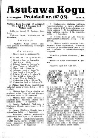 Asutawa Kogu protokoll nr.167 (13) (10. detsember 1920)