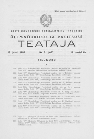 Eesti Nõukogude Sotsialistliku Vabariigi Ülemnõukogu ja Valitsuse Teataja ; 21 (623) 1982-06-18