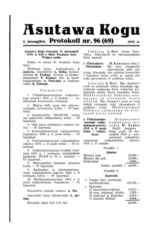 Asutawa Kogu protokoll nr.96 (69) (19. detsember 1919)